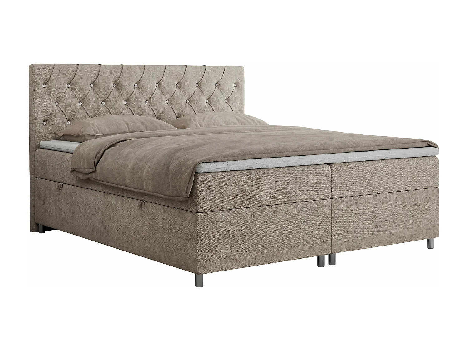 Boxspringbett ROMA mit gestepptem Kopfteil, Multipocket-Matratze, dekorative Füße - 120x200 cm - H4 - Beige Strukture