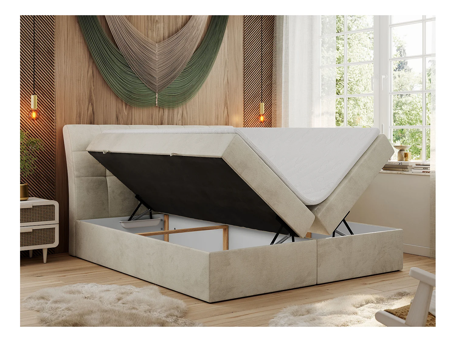 Boxspringbett DIEGOS mit Stauraum, gestepptem Kopfteil, Multipocket-Matratze - 160x200 cm - H4 - Beige Velvet