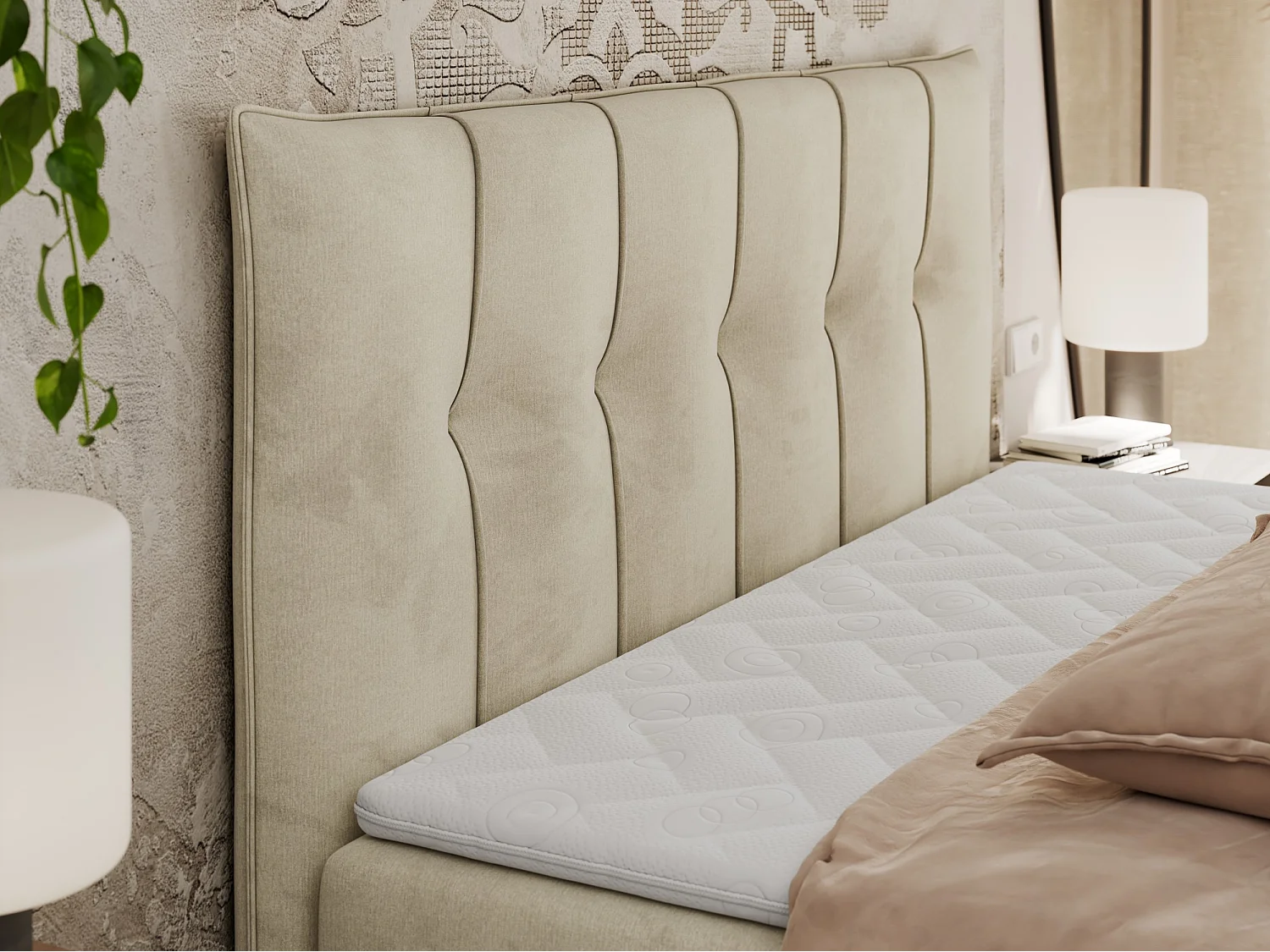 Boxspringbett PREMIUM 10 mit Multipocket-Matratze, gesteppte Kopfstütze, zwei Bettkästen - 120x200 cm - H4 - Creme Velvet