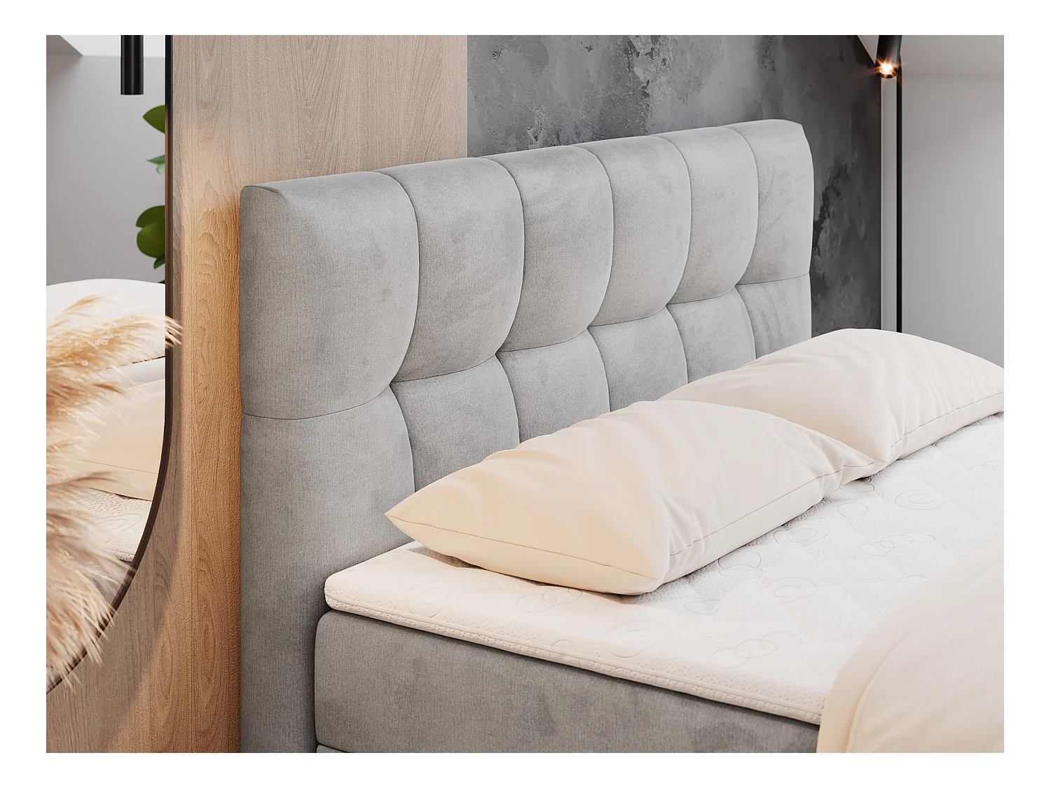 Boxspringbett RICO, Doppelbett mit Matratze, zwei Bettkästen, Bett mit Kopfteil - 160x200 cm - H4 - Hellgrau Velvet