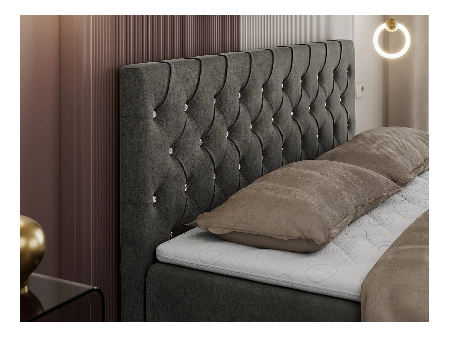 Boxspringbett ROMA mit gestepptem Kopfteil, Multipocket-Matratze, dekorative Füße - 180x200 cm - H3 - Dunkelgrau Velvet