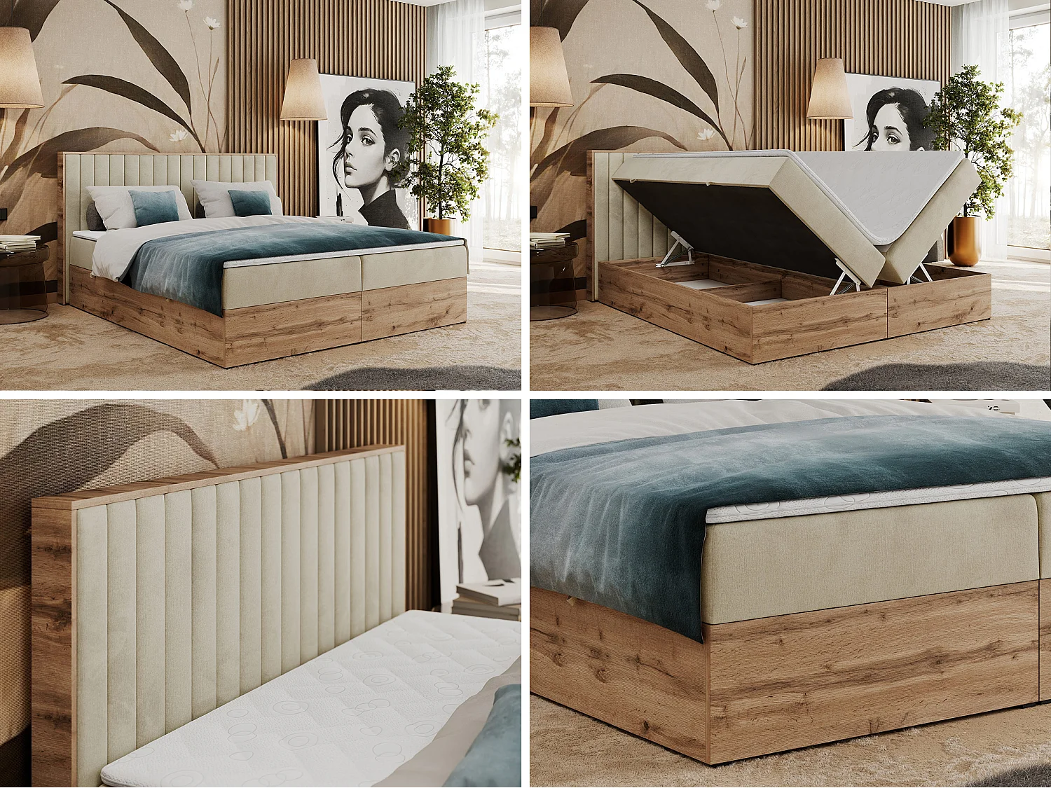 Boxspringbett ALBERO 4, Eiche Wotan Holzrahmen, mit Stauraum, genähtes Kopfteil - 140x200 cm - H3 - Beige Velvet