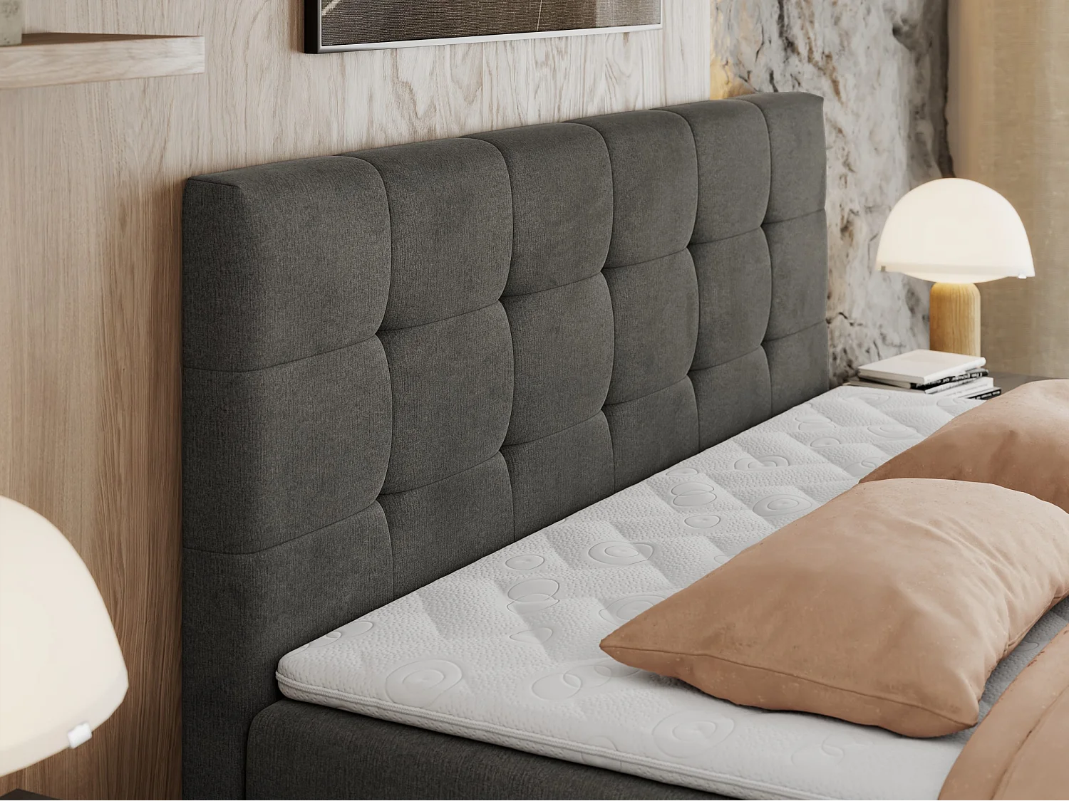 Boxspringbett CENTOS mit gestepptem Kopfteil, Multipocket-Matratze, Doppelbett mit Stauraum - 140x200 cm - H3 - Grau Velvet