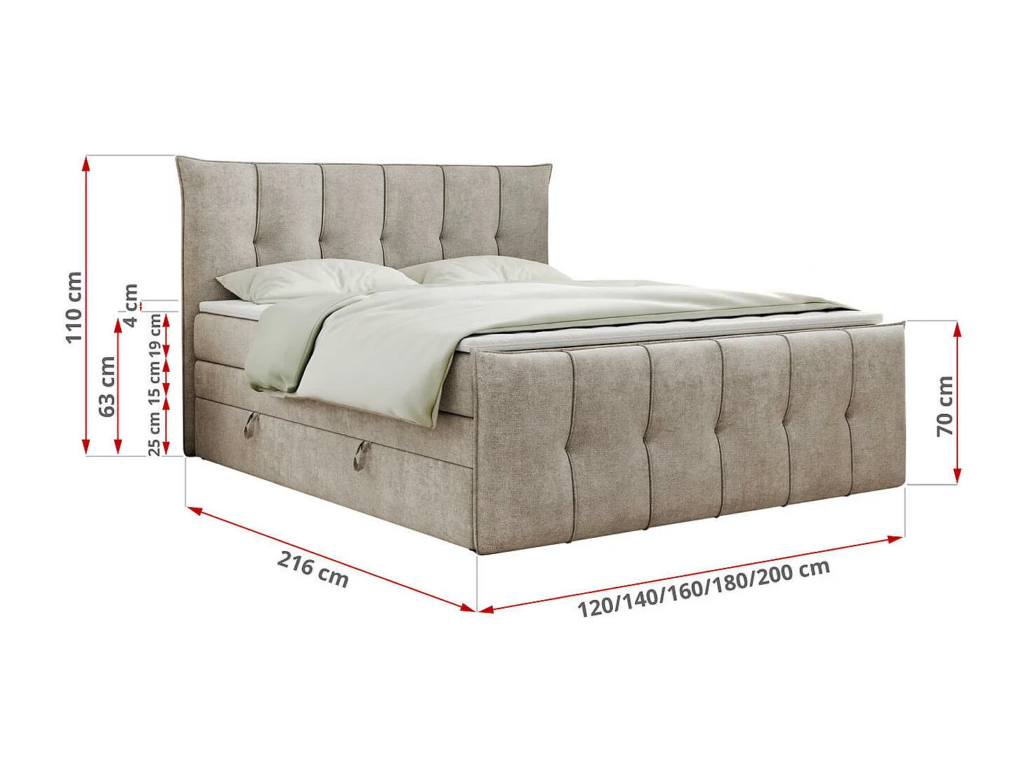 Boxspringbett PREMIUM 11 KING mit Stauraum, gestepptes Kopfteil, zwei Multipocket-Matratzen - 200x200 cm - H4 - Beige Strukture
