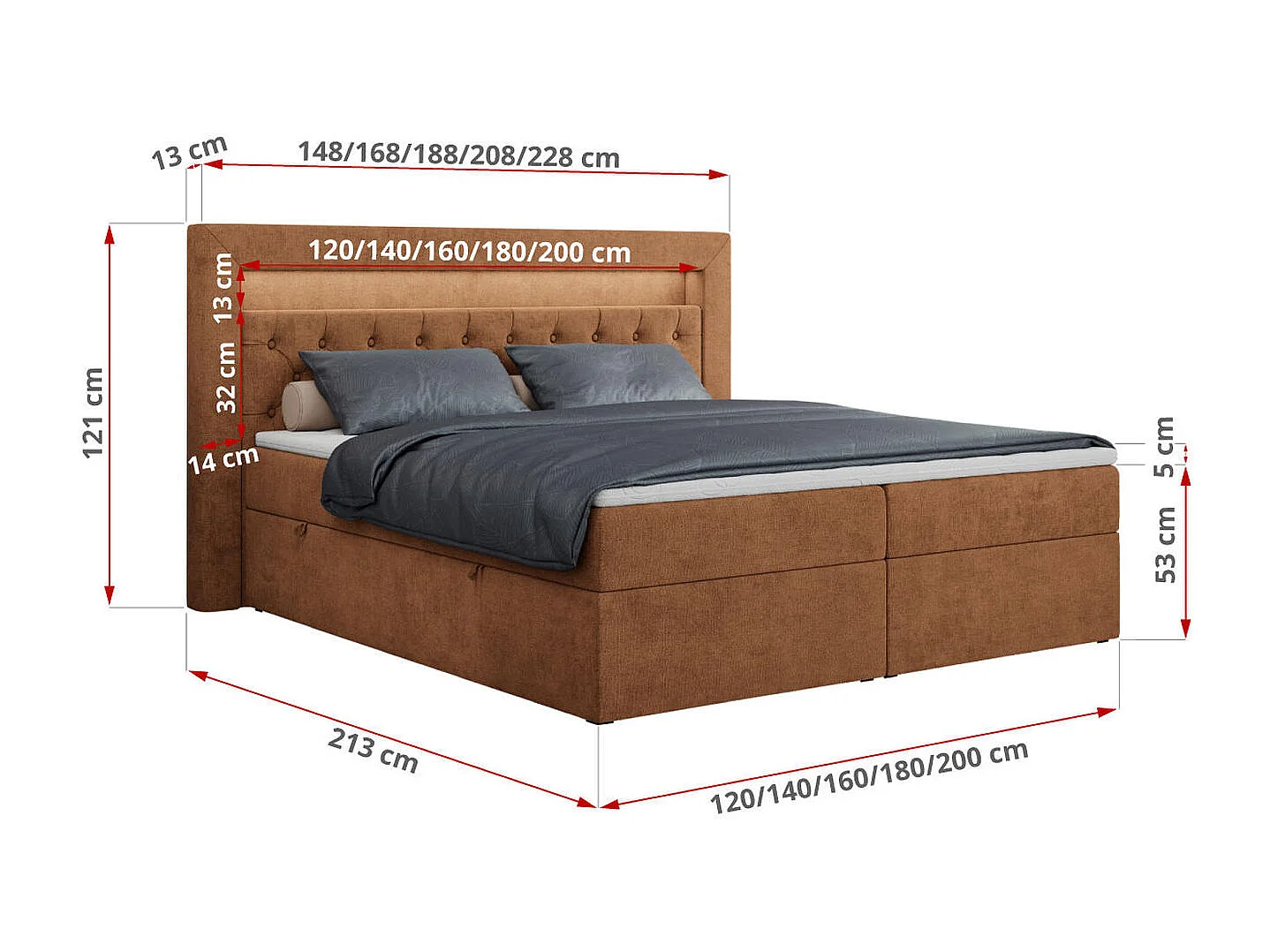 Boxspringbett GOLD 6, Doppelbett mit Stauraum, LED-Beleuchtung, gesteppte Kopfstütze - 120x200 cm - H3 - Orange Strukture