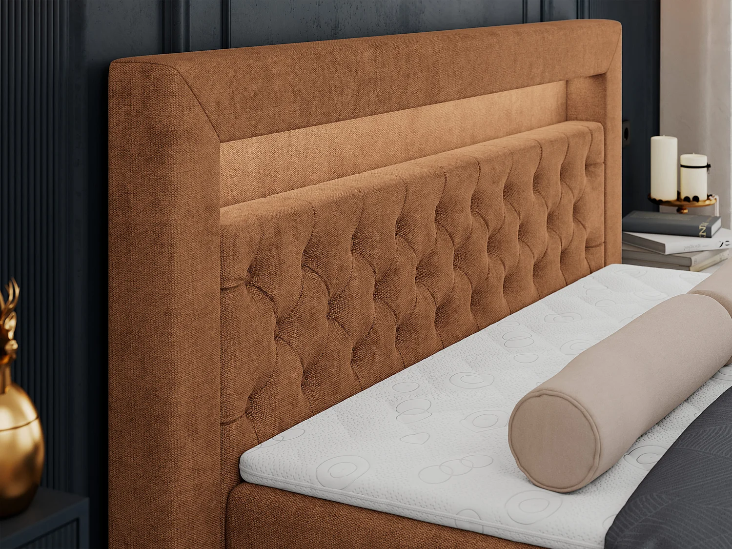 Boxspringbett GOLD 6, Doppelbett mit Stauraum, LED-Beleuchtung, gesteppte Kopfstütze - 120x200 cm - H3 - Orange Strukture