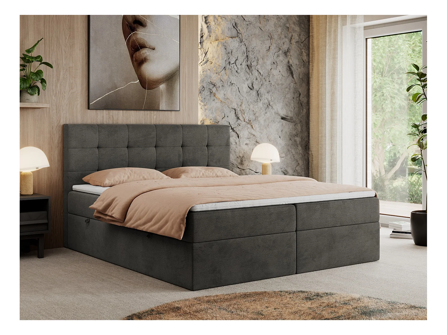 Boxspringbett CENTOS mit gestepptem Kopfteil, Multipocket-Matratze, Doppelbett mit Stauraum - 180x200 cm - H3 - Grau Velvet