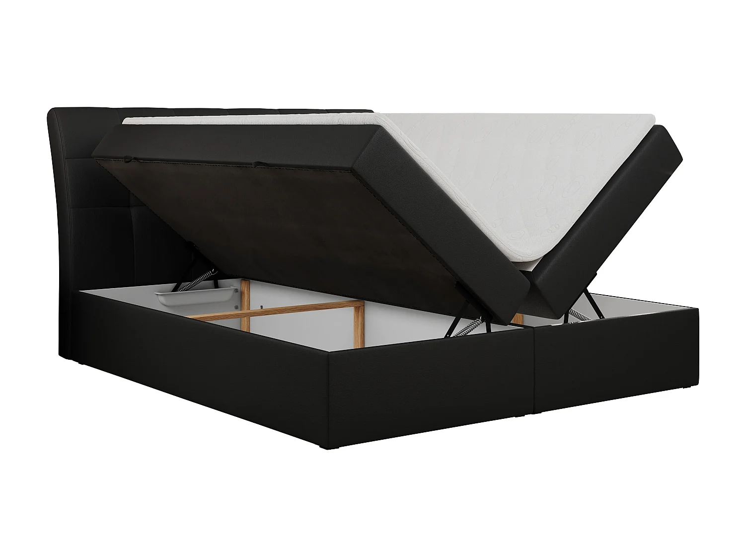 Boxspringbett DIEGOS mit Stauraum, gestepptem Kopfteil, Multipocket-Matratze - 200x200 cm - H4 - Schwarz Kunstleder