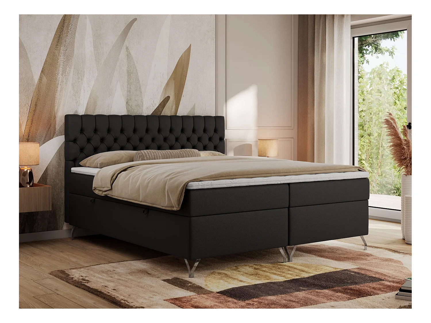 Boxspringbett GRIMALDI mit zwei Bettkästen, gesteppter Kopfstütze, Metallfüßen - 120x200 cm - H4 - Schwarz Kunstleder