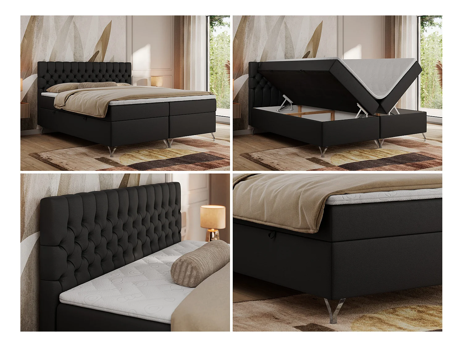 Boxspringbett GRIMALDI mit zwei Bettkästen, gesteppter Kopfstütze, Metallfüßen - 120x200 cm - H4 - Schwarz Kunstleder