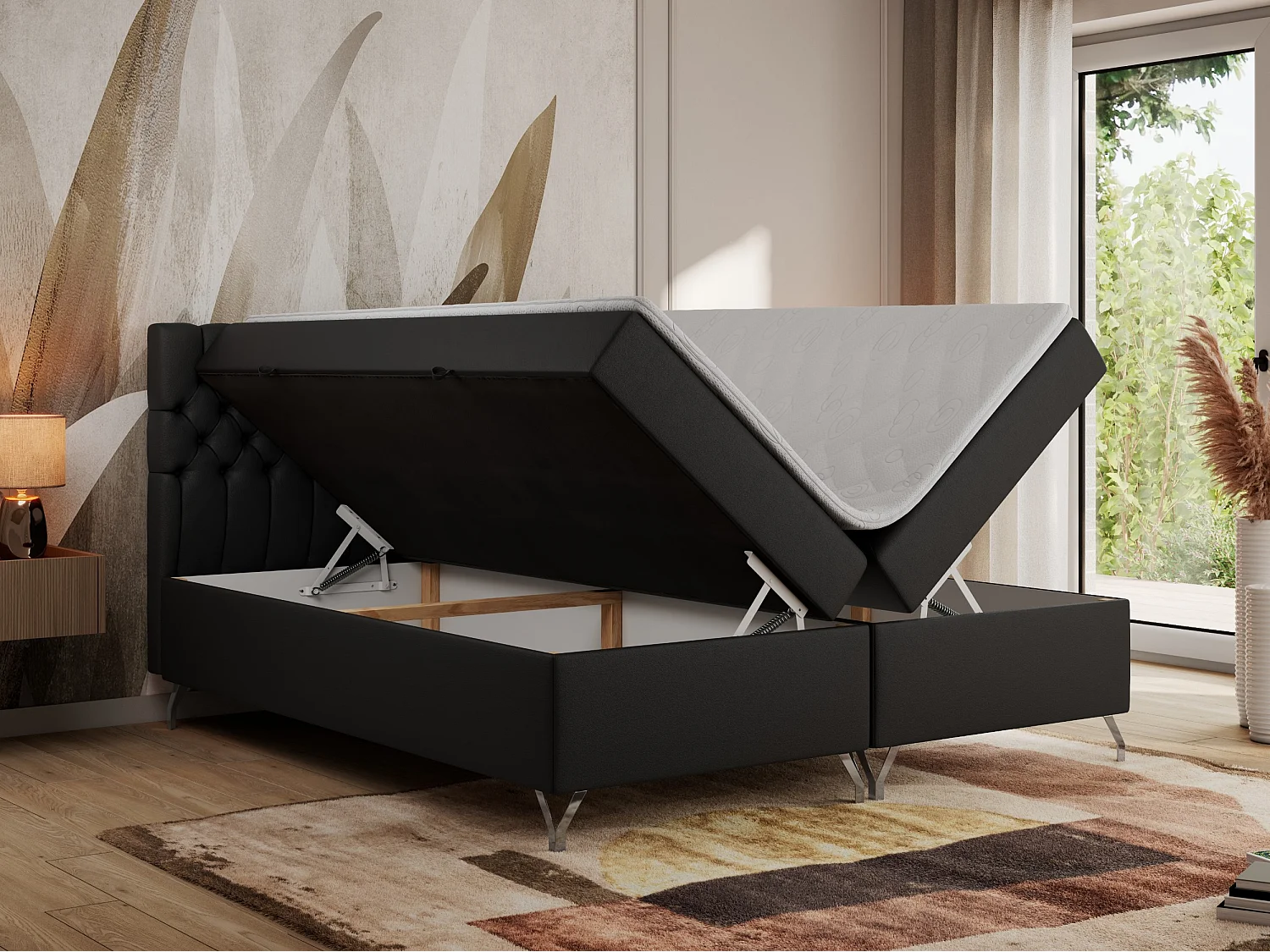 Boxspringbett GRIMALDI mit zwei Bettkästen, gesteppter Kopfstütze, Metallfüßen - 120x200 cm - H4 - Schwarz Kunstleder