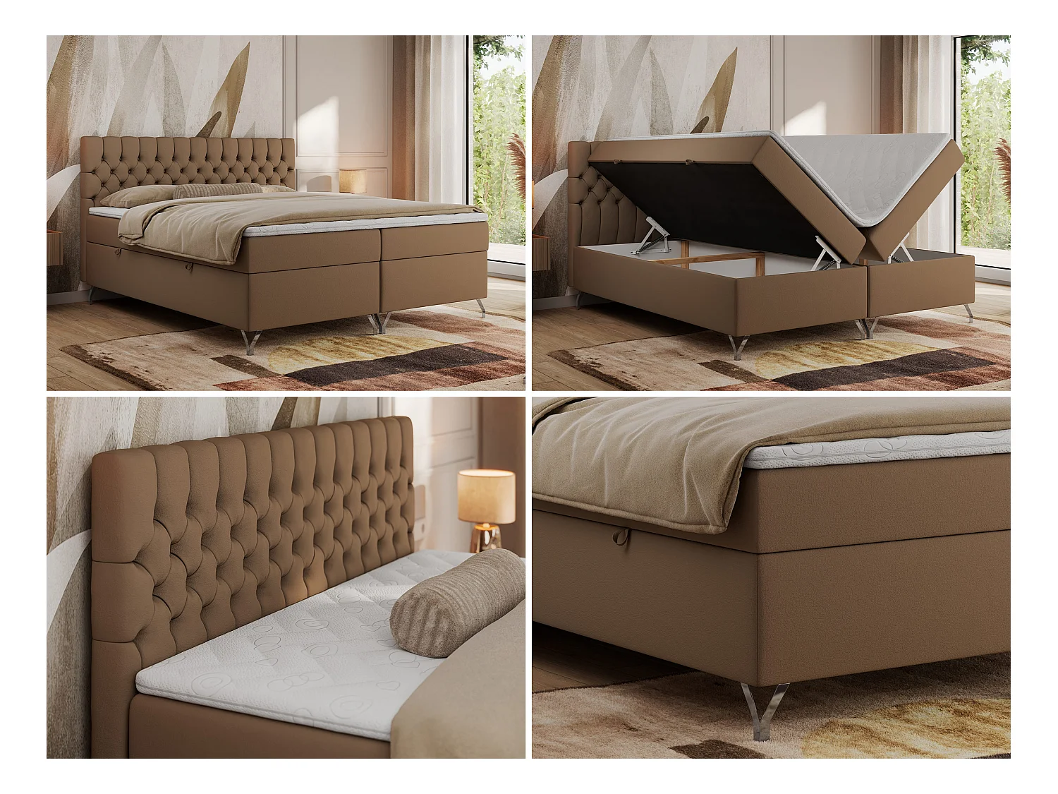 Boxspringbett GRIMALDI mit zwei Bettkästen, gesteppter Kopfstütze, Metallfüßen - 160x200 cm - H4 - Braun Kunstleder