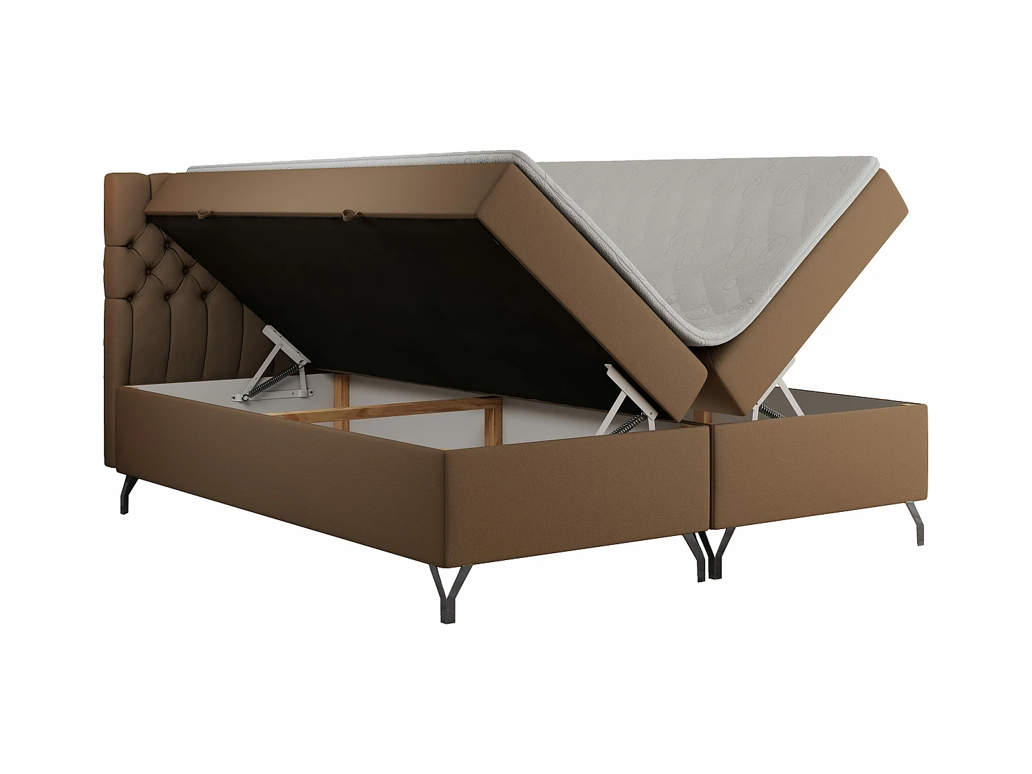 Boxspringbett GRIMALDI mit zwei Bettkästen, gesteppter Kopfstütze, Metallfüßen - 160x200 cm - H4 - Braun Kunstleder