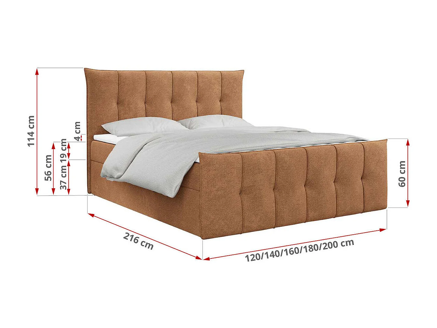 Boxspringbett PREMIUM 11 mit Stauraum, gestepptem Kopfteil, Multipocket-Matratze und Topper - 160x200 cm - H3 - Orange Strukture