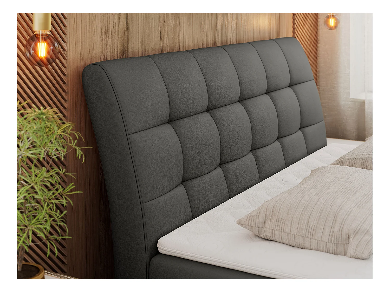 Boxspringbett DIEGOS mit Stauraum, gestepptem Kopfteil, Multipocket-Matratze - 180x200 cm - H4 - Dunkelgrau Kunstleder