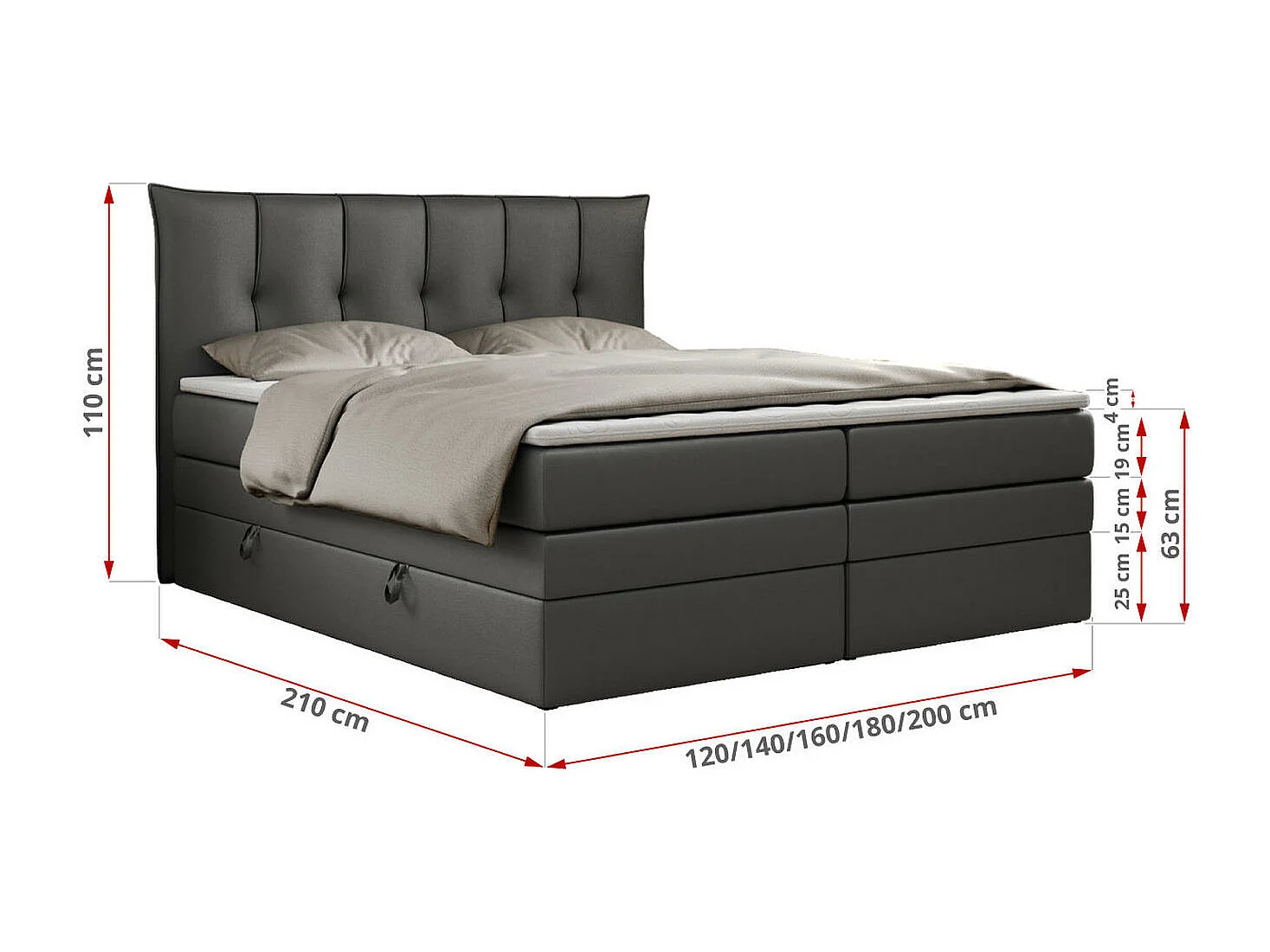 Boxspringbett PREMIUM 10 KING, Doppelbett mit Stauraum, gesteppte Kopfstütze, Multipocket-Matratze - 180x200 cm - H3 - Dunkelgrau Kunstleder