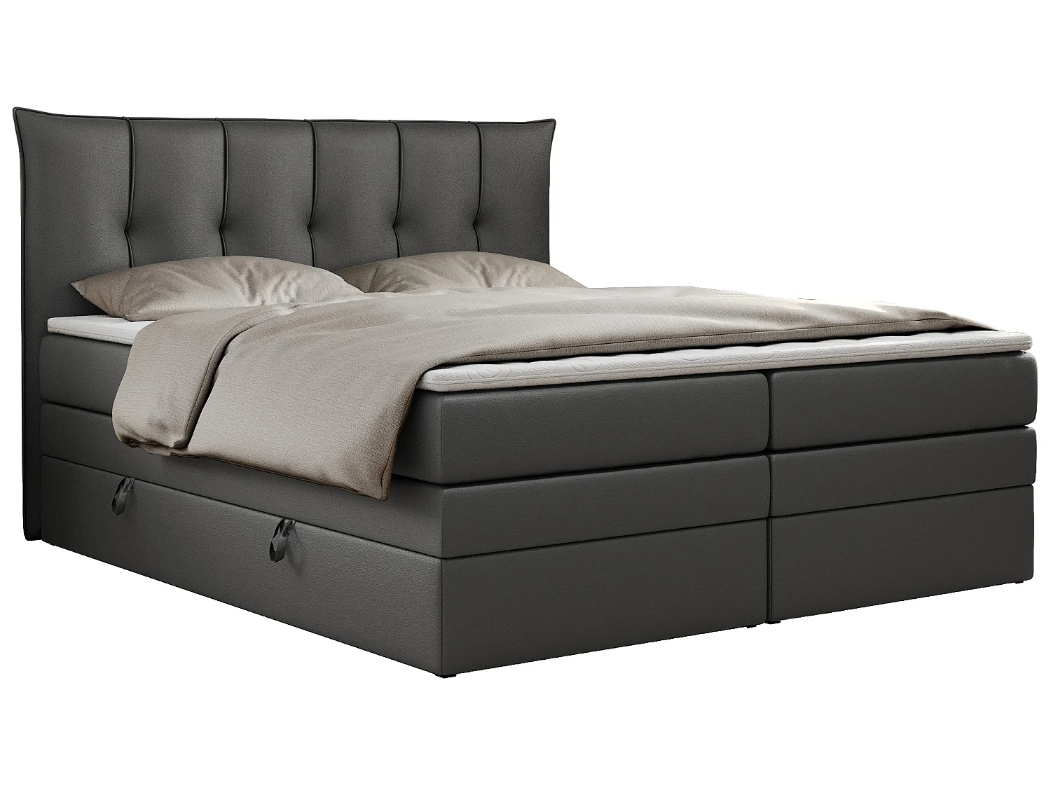 Lit boxspring avec 2 coffres - 2 matelas mi-fermes + surmatelas mousse - Gris foncé Similicuir - 180x200 - PREMIUM 10 KING
