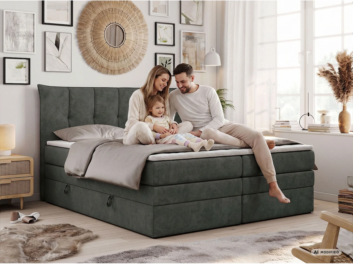 Lit boxspring avec 2 coffres - 2 matelas mi-fermes + surmatelas mousse - Gris foncé Similicuir - 180x200 - PREMIUM 10 KING