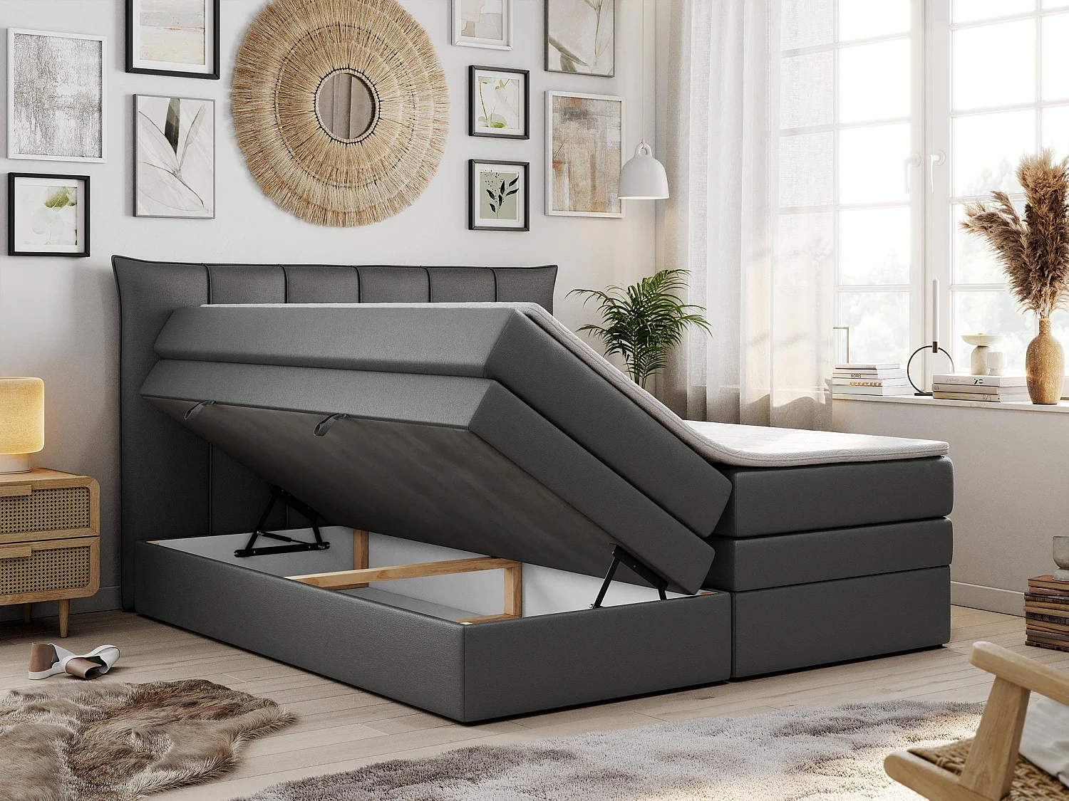 Lit boxspring avec 2 coffres - 2 matelas mi-fermes + surmatelas mousse - Gris foncé Similicuir - 180x200 - PREMIUM 10 KING