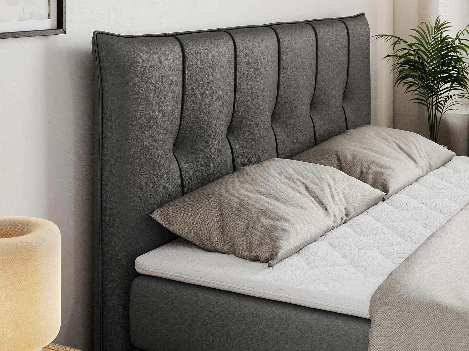 Lit boxspring avec 2 coffres - 2 matelas mi-fermes + surmatelas mousse - Gris foncé Similicuir - 180x200 - PREMIUM 10 KING