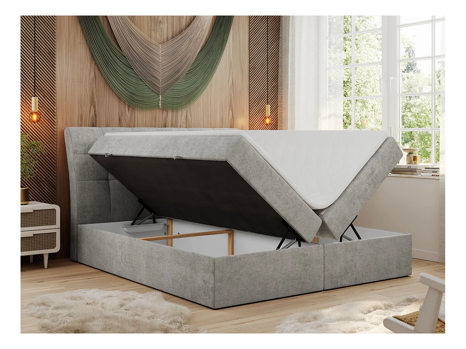 Boxspringbett DIEGOS mit Stauraum, gestepptem Kopfteil, Multipocket-Matratze - 140x200 cm - H3 - Hellgrau Strukture