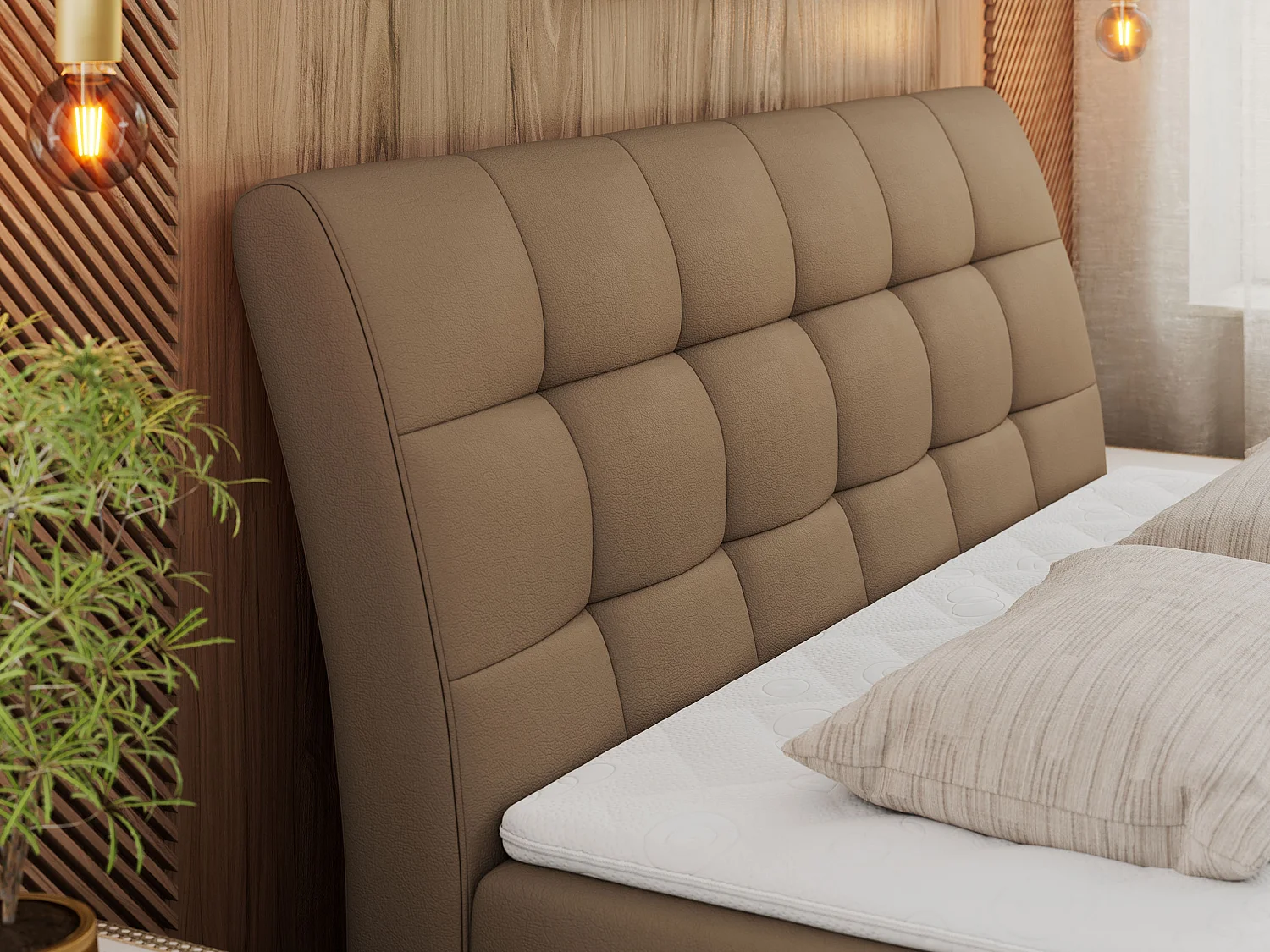 Boxspringbett DIEGOS mit Stauraum, gestepptem Kopfteil, Multipocket-Matratze - 160x200 cm - H4 - Braun Kunstleder