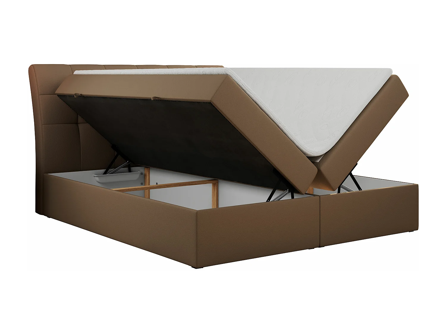 Boxspringbett DIEGOS mit Stauraum, gestepptem Kopfteil, Multipocket-Matratze - 160x200 cm - H4 - Braun Kunstleder