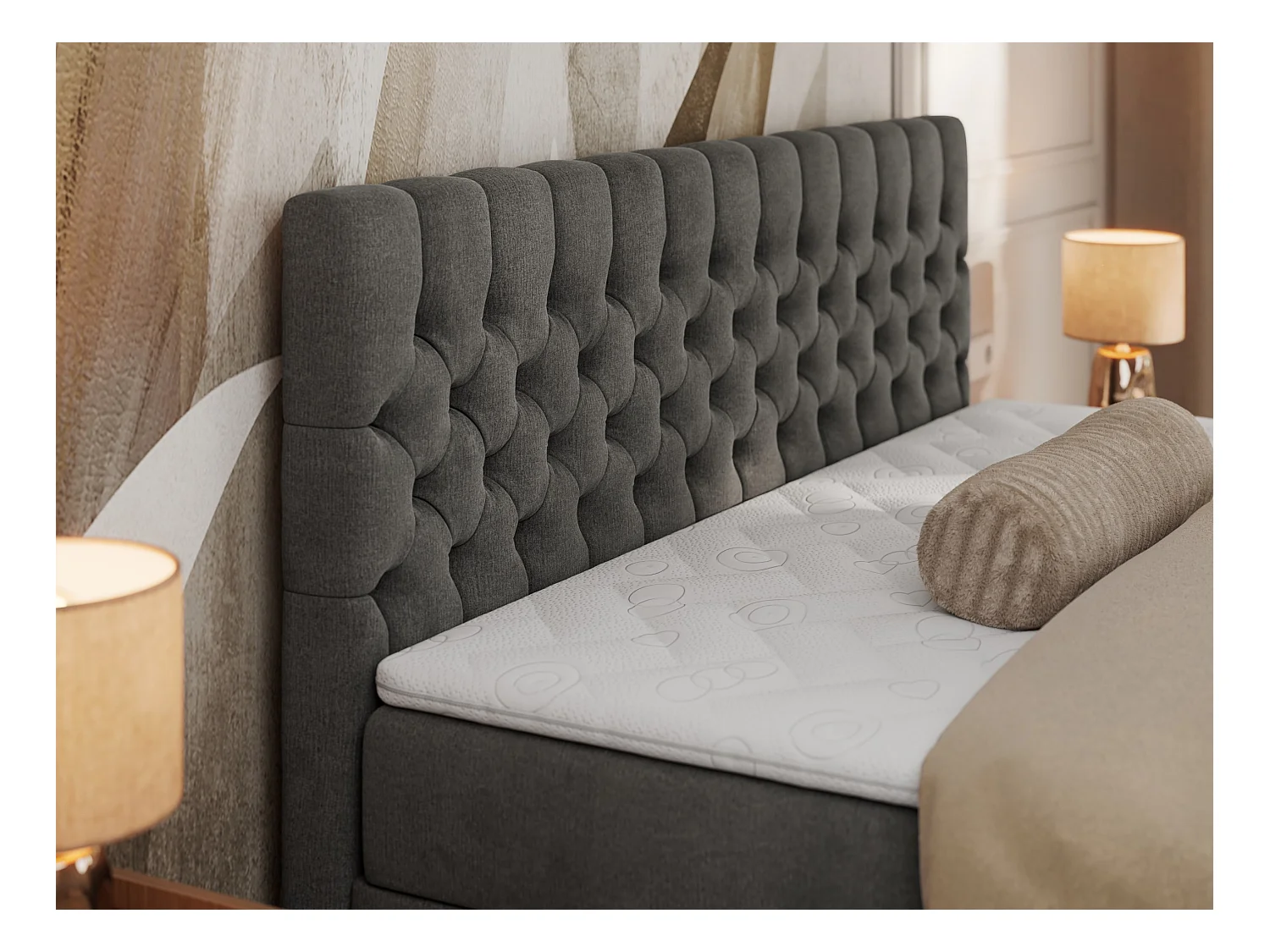 Boxspringbett GRIMALDI mit zwei Bettkästen, gesteppter Kopfstütze, Metallfüßen - 140x200 cm - H4 - Dunkelgrau Velvet