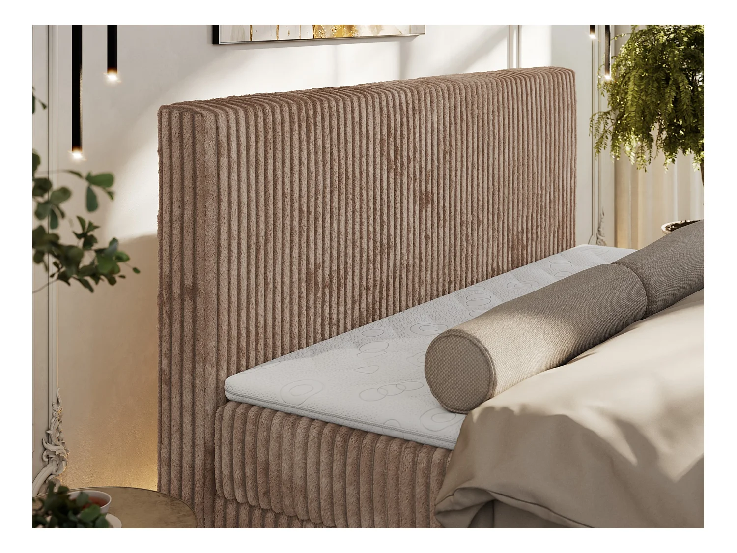 Boxspringbett TILIANO DUO mit gepolstertem Fußteil, Cord Bett, Multipocket-Matratze - 200x200 cm - H4 - Braun Cord