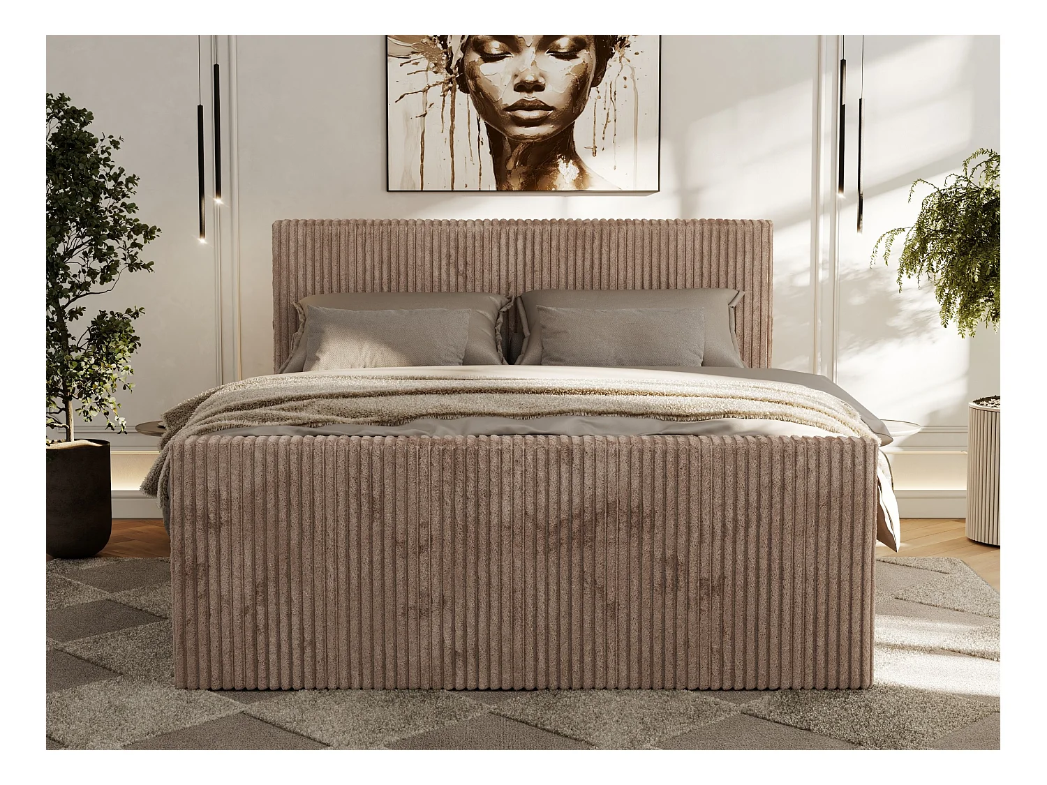 Boxspringbett TILIANO DUO mit gepolstertem Fußteil, Cord Bett, Multipocket-Matratze - 200x200 cm - H4 - Braun Cord