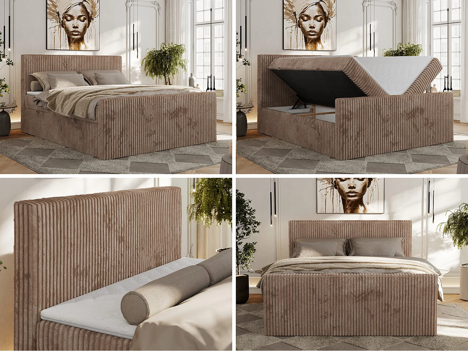 Boxspringbett TILIANO DUO mit gepolstertem Fußteil, Cord Bett, Multipocket-Matratze - 200x200 cm - H4 - Braun Cord