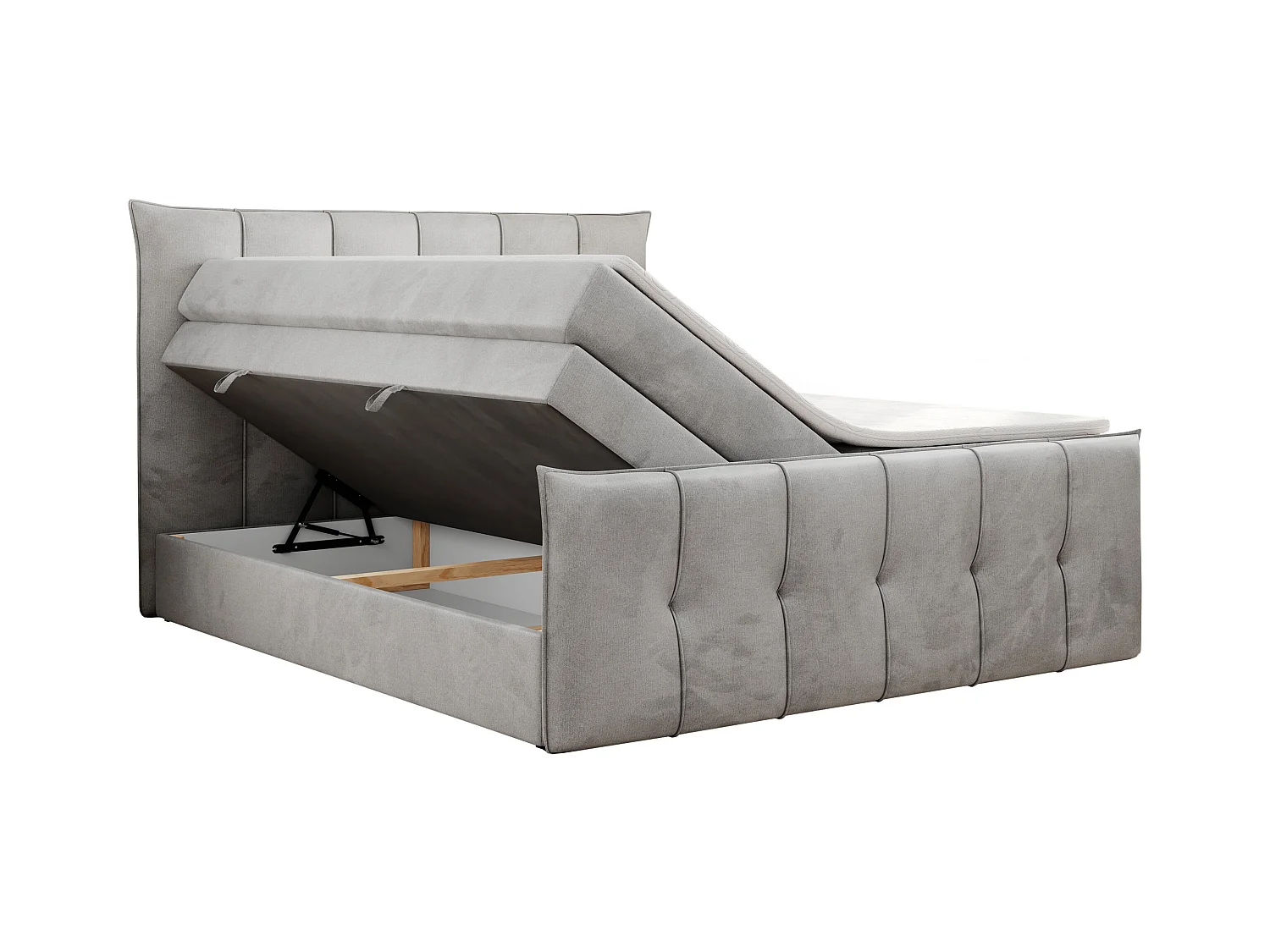 Boxspringbett PREMIUM 11 KING mit Stauraum, gestepptes Kopfteil, zwei Multipocket-Matratzen - 140x200 cm - H3 - Hellgrau Velvet