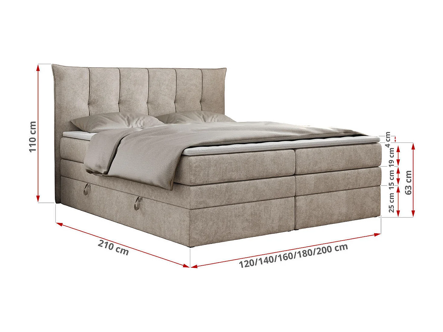 Boxspringbett PREMIUM 10 KING, Doppelbett mit Stauraum, gesteppte Kopfstütze, Multipocket-Matratze - 160x200 cm - H4 - Beige Strukture