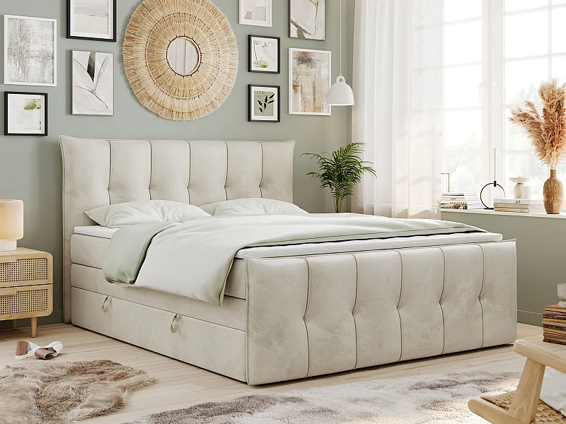 Boxspringbett PREMIUM 11 KING mit Stauraum, gestepptes Kopfteil, zwei Multipocket-Matratzen - 160x200 cm - H3 - Beige Velvet