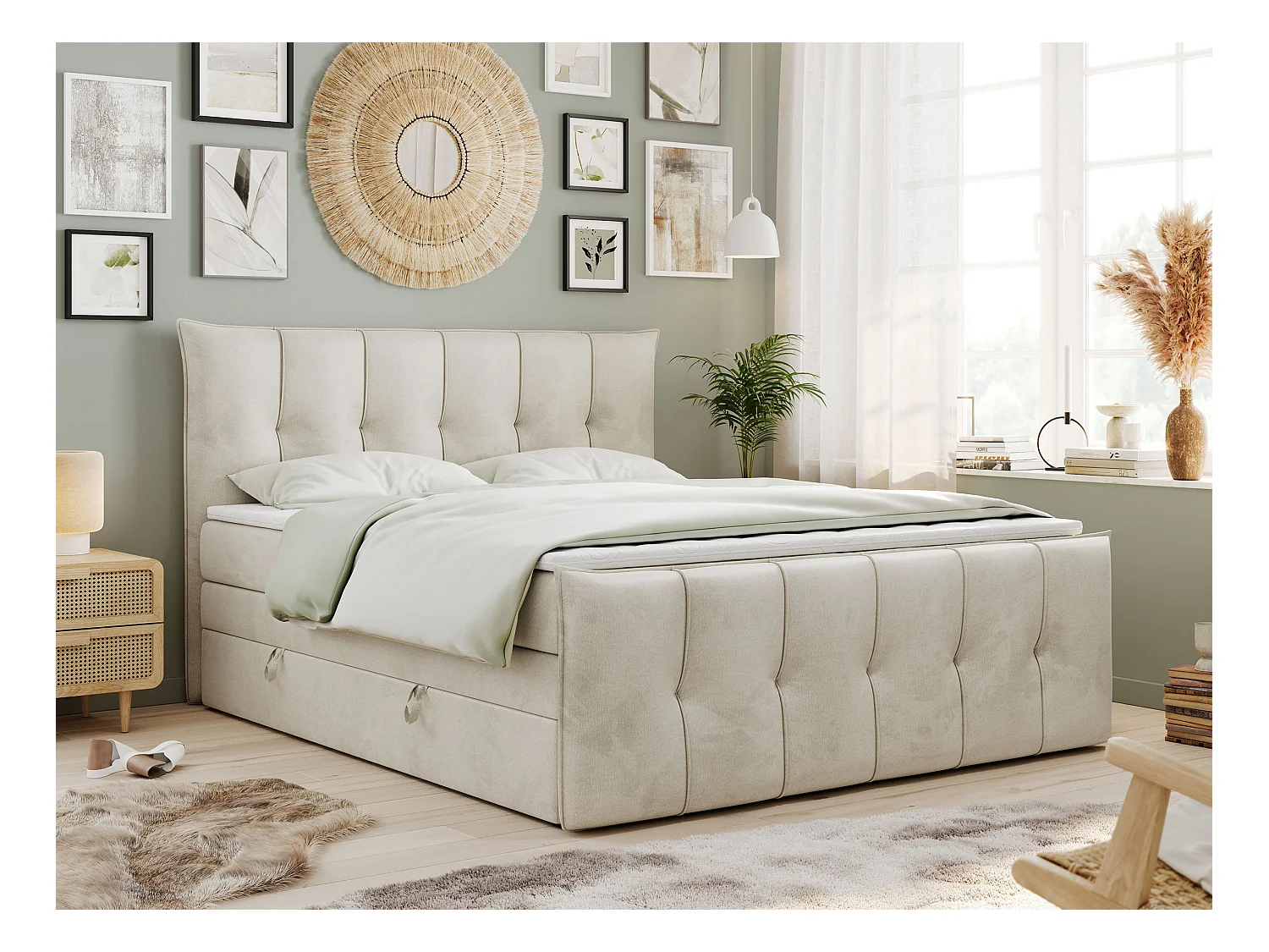 Boxspringbett PREMIUM 11 KING mit Stauraum, gestepptes Kopfteil, zwei Multipocket-Matratzen - 160x200 cm - H3 - Beige Velvet