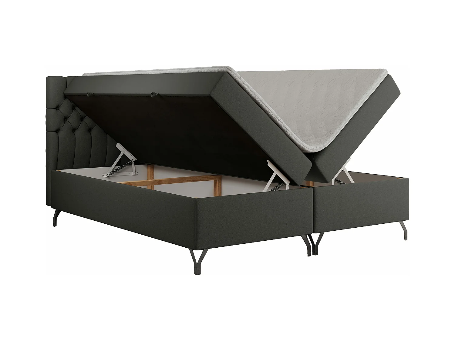 Boxspringbett GRIMALDI mit zwei Bettkästen, gesteppter Kopfstütze, Metallfüßen - 120x200 cm - H3 - Dunkelgrau Kunstleder