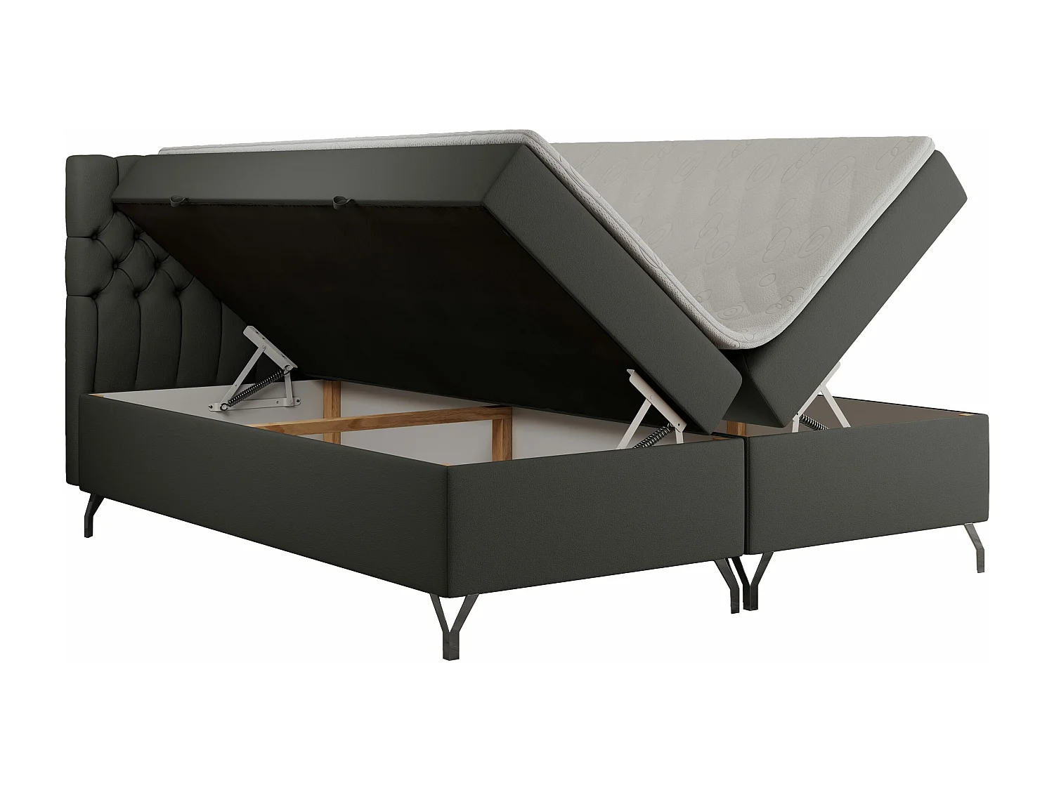 Boxspringbett GRIMALDI mit zwei Bettkästen, gesteppter Kopfstütze, Metallfüßen - 120x200 cm - H3 - Dunkelgrau Kunstleder