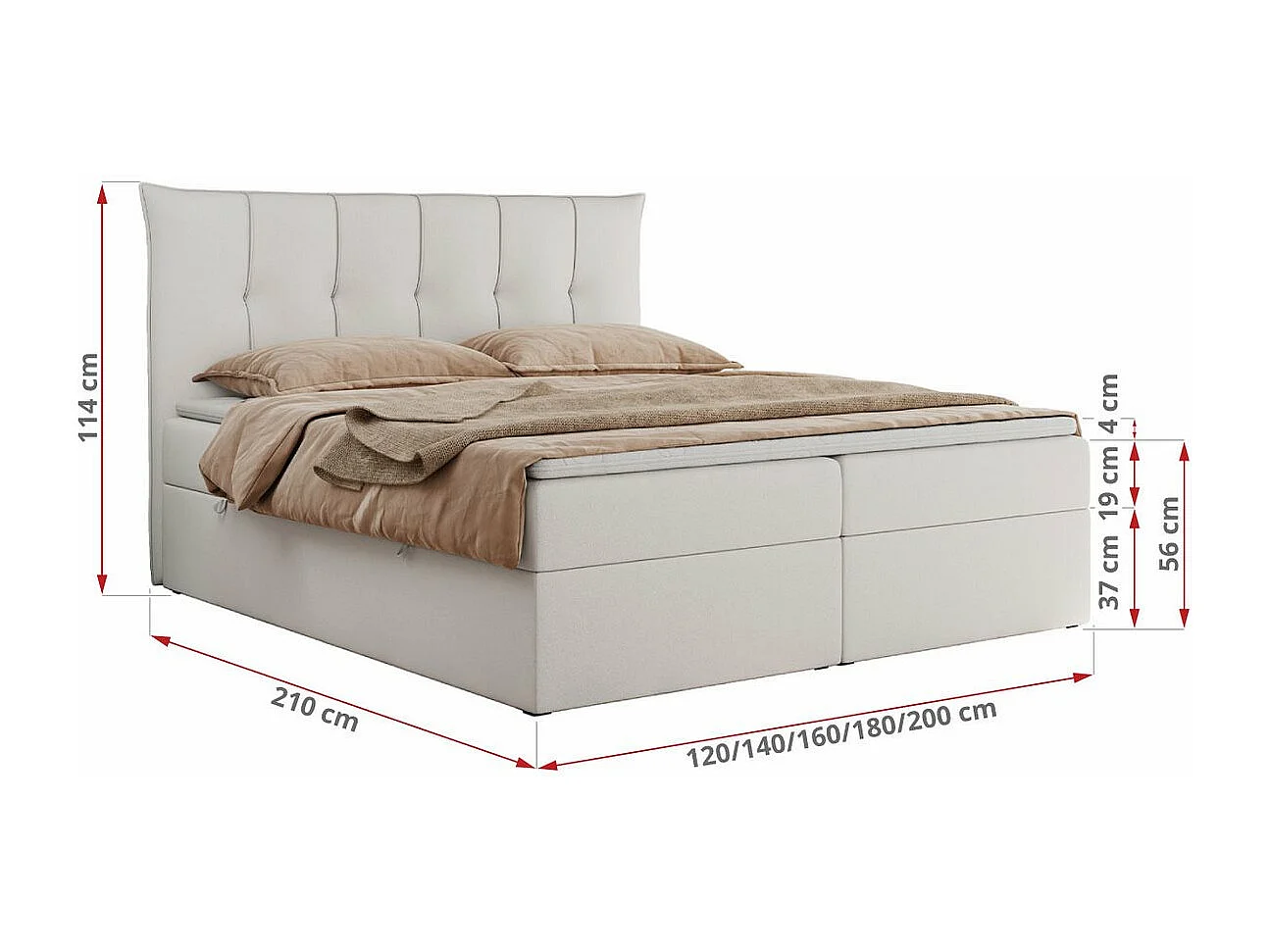 Boxspringbett PREMIUM 10 mit Multipocket-Matratze, gesteppte Kopfstütze, zwei Bettkästen - 160x200 cm - H4 - Weiß Kunstleder