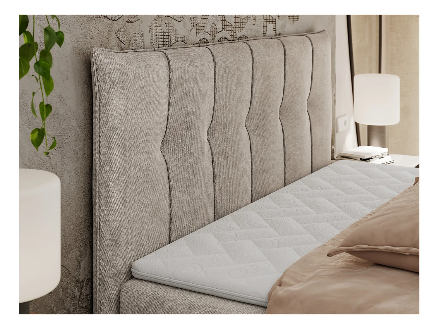 Boxspringbett PREMIUM 10 mit Multipocket-Matratze, gesteppte Kopfstütze, zwei Bettkästen - 180x200 cm - H4 - Beige Strukture