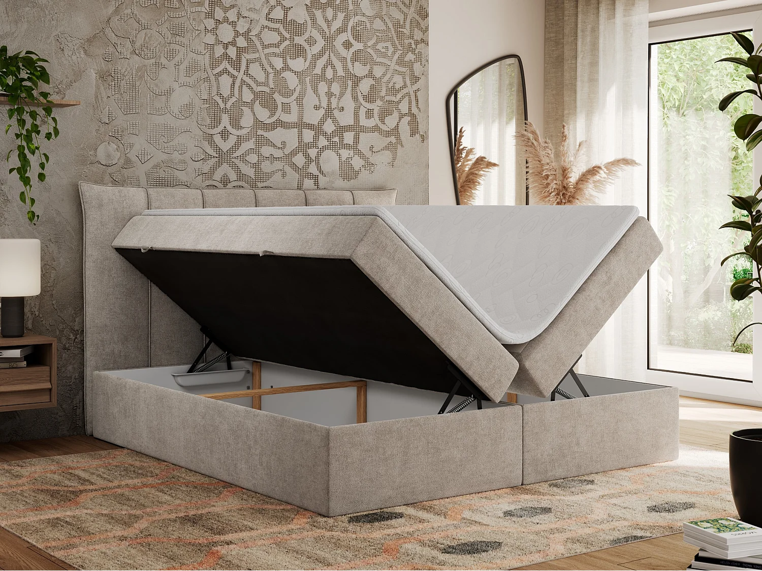 Boxspringbett PREMIUM 10 mit Multipocket-Matratze, gesteppte Kopfstütze, zwei Bettkästen - 180x200 cm - H4 - Beige Strukture