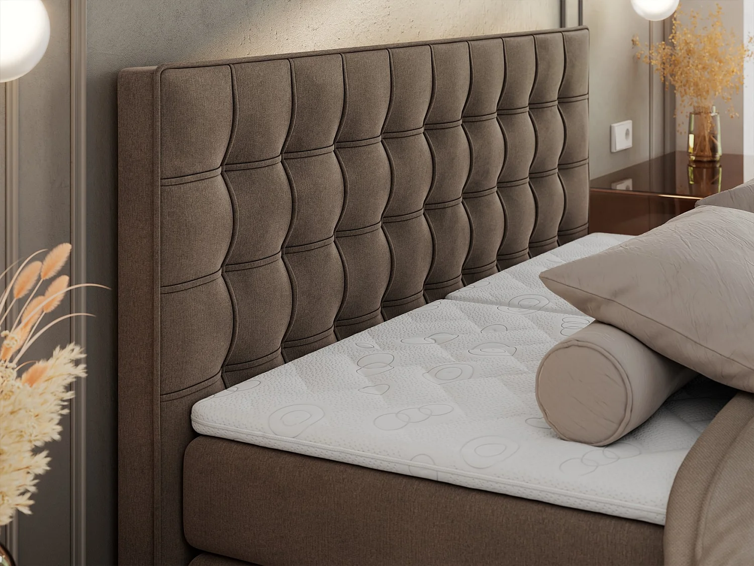 Boxspringbett ELEKTRO mit Multipocket-Matratze, Elektrisch verstellbare, genähtes Kopfteil - 160x200 cm - H3 - Braun Velvet