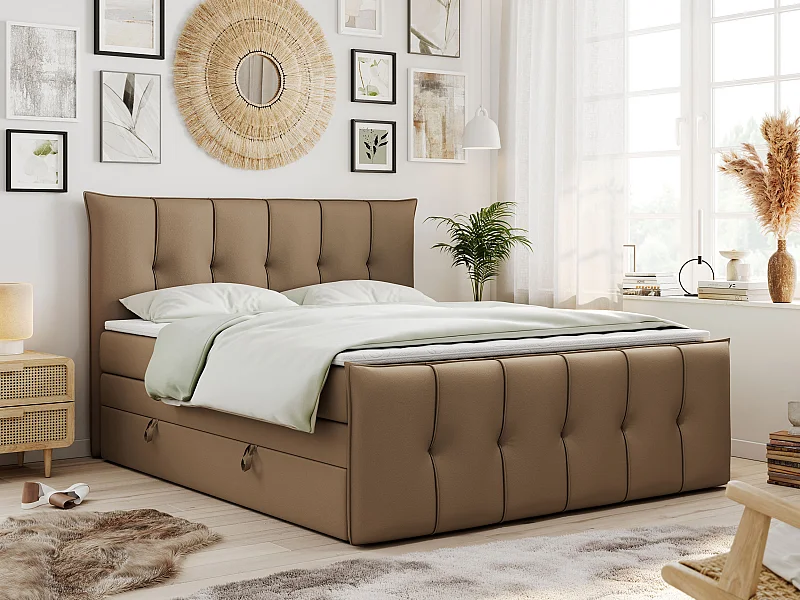 Boxspringbett PREMIUM 11 KING mit Stauraum, gestepptes Kopfteil, zwei Multipocket-Matratzen - 180x200 cm - H4 - Braun Kunstleder