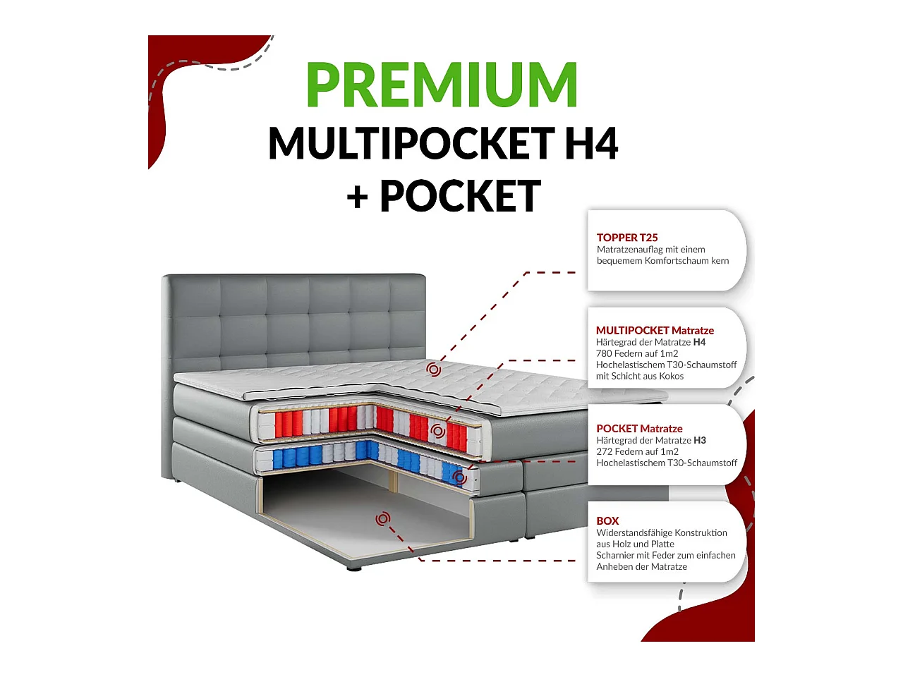 Boxspringbett PREMIUM 11 KING mit Stauraum, gestepptes Kopfteil, zwei Multipocket-Matratzen - 180x200 cm - H4 - Braun Kunstleder