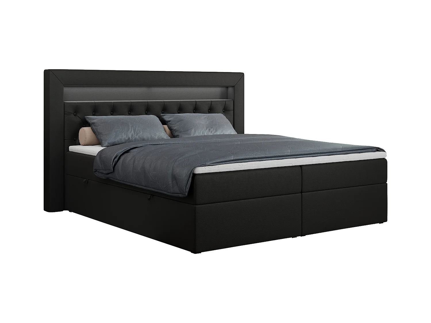 Boxspringbett GOLD 6, Doppelbett mit Stauraum, LED-Beleuchtung, gesteppte Kopfstütze - 120x200 cm - H4 - Schwarz Kunstleder