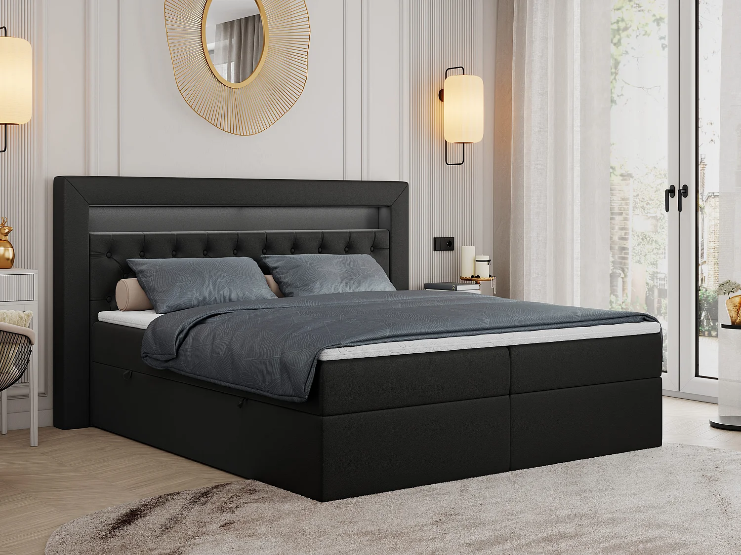 Boxspringbett GOLD 6, Doppelbett mit Stauraum, LED-Beleuchtung, gesteppte Kopfstütze - 120x200 cm - H4 - Schwarz Kunstleder