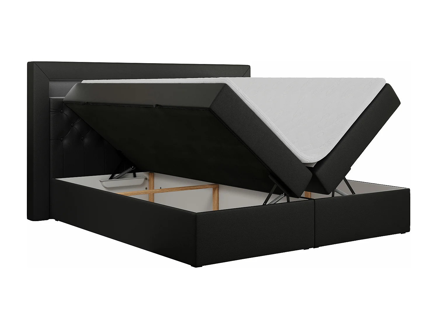 Boxspringbett GOLD 6, Doppelbett mit Stauraum, LED-Beleuchtung, gesteppte Kopfstütze - 120x200 cm - H4 - Schwarz Kunstleder