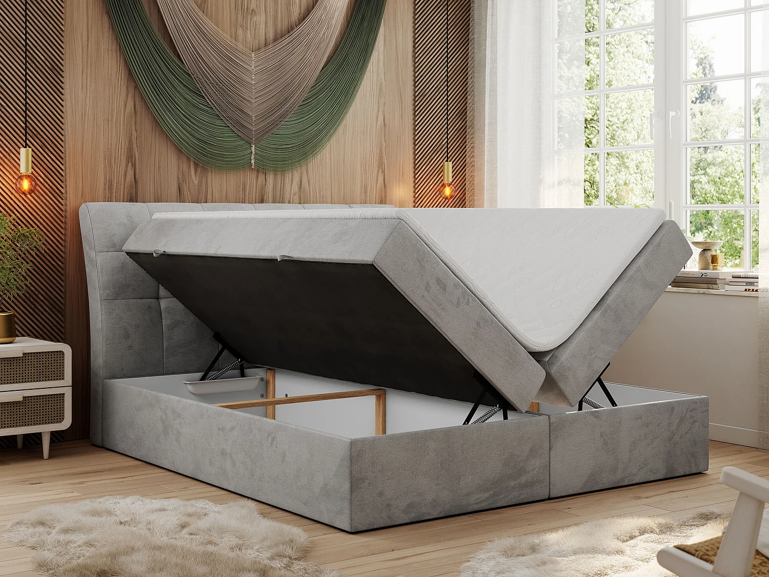 Boxspringbett DIEGOS mit Stauraum, gestepptem Kopfteil, Multipocket-Matratze - 160x200 cm - H3 - Hellgrau Velvet