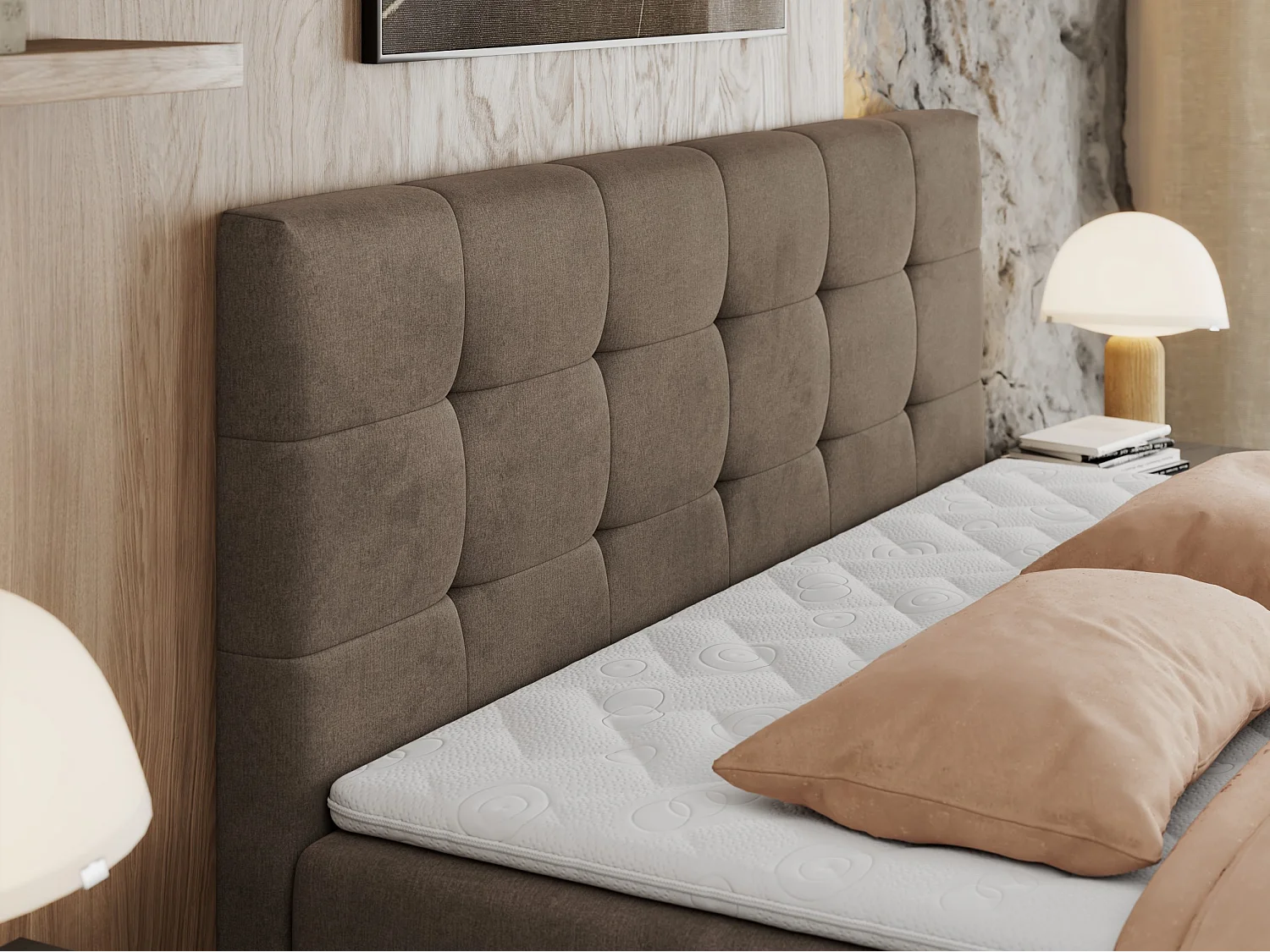 Boxspringbett CENTOS mit gestepptem Kopfteil, Multipocket-Matratze, Doppelbett mit Stauraum - 200x200 cm - H4 - Braun Velvet