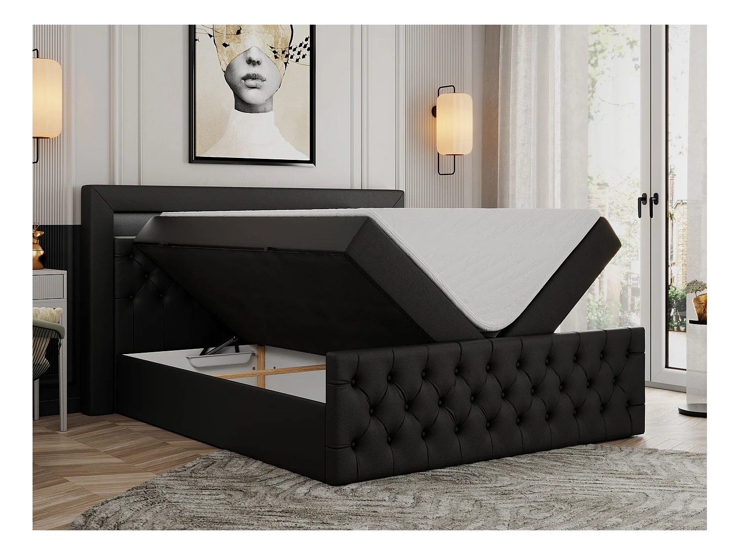 Boxspringbett GOLD 9 mit Stauraum, Multipocket-Matratze, gestepptes Bett, LED Beleuchtung - 180x200 cm - H4 - Schwarz Kunstleder