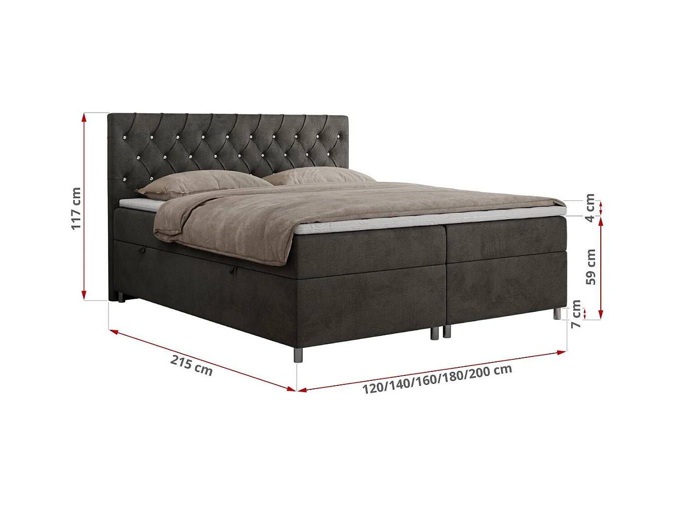 Boxspringbett ROMA mit gestepptem Kopfteil, Multipocket-Matratze, dekorative Füße - 160x200 cm - H3 - Dunkelgrau Velvet